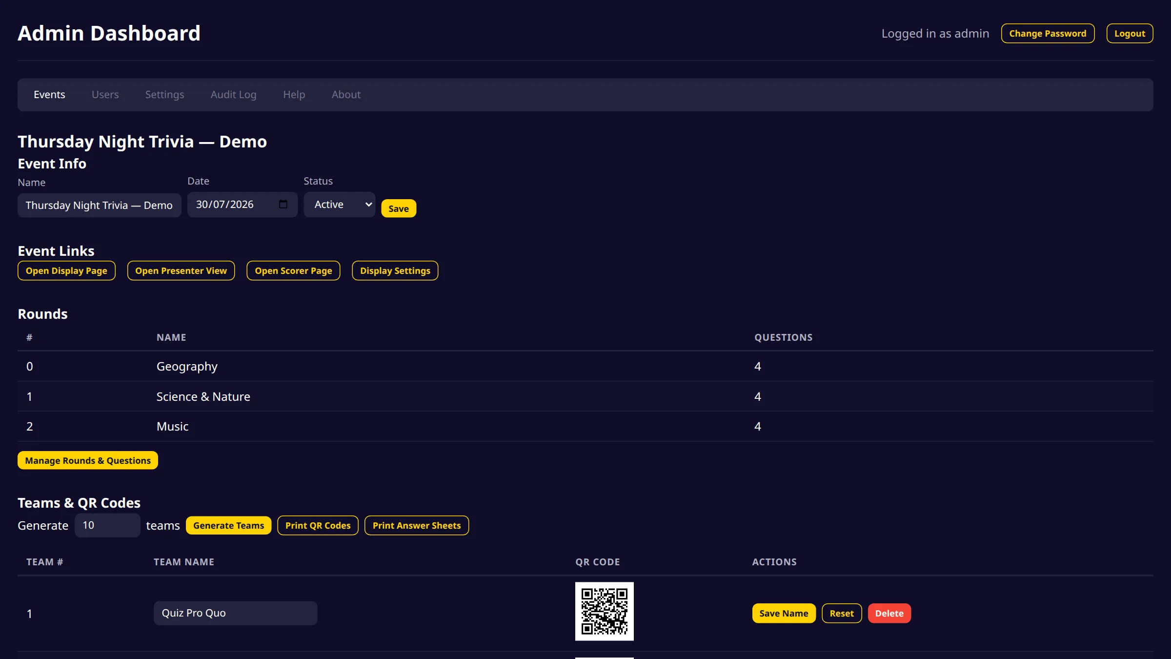 Event admin page with rounds, teams and generated QR codes